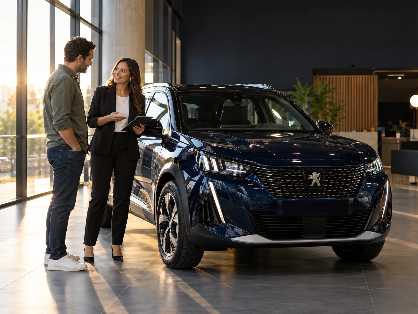 Consultora atende um cliente ao lado de um Peugeot no showroom